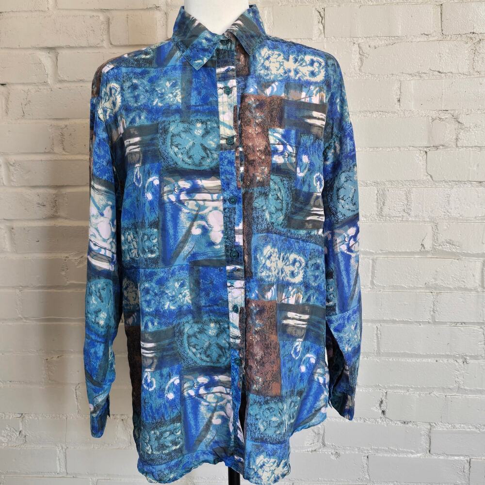 Vintage 90s Details Express Silk Blue Abstract Patchwork Button Down Retro Shirt